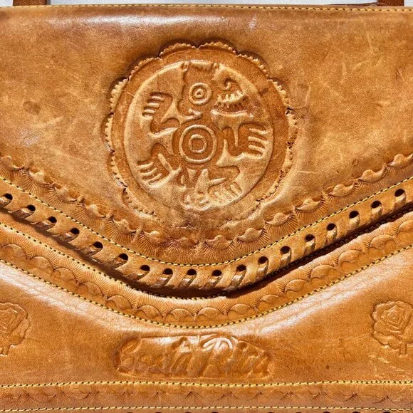 Costa Rica Leather Vintage Shoulder/Crossbody Bag-Removable Strap-Camel/Tan-Rose - Picture 8 of 15